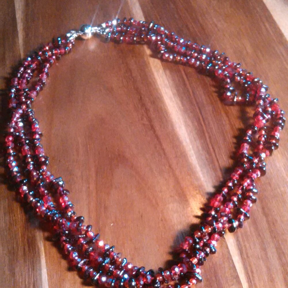 Indian Garnet and Seed Bead Triple Strand Magnetic Clasp Necklace